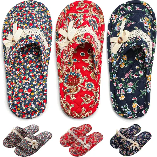 Miniatura 10 de 3 pares de zapatillas de casa florales de algodón para mujeres, zapatillas interiores de punta abierta cómodas lavables portátiles plegables