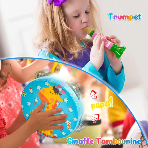 Miniatura 4 de Instrumentos musicales para niños, 12 piezas de juguetes musicales de madera para niños pequeños de 2 a 4 años con xilófono, maracas y pandereta