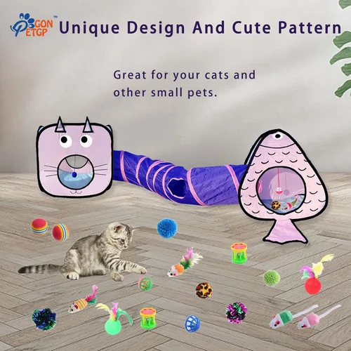 Miniatura 3 de GONPET - Juego para gatos de interior: 23 piezas de juguetes para gatitos, incluye túnel plegable para mascotas, varita interactiva para gatos