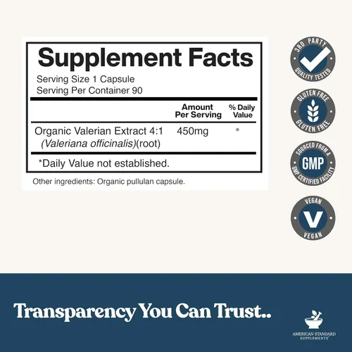 Miniatura 3 de American Standard Supplements Valeriana orgánica: vegana, sin gluten, sin OMG, 90 cápsulas, 90 porciones
