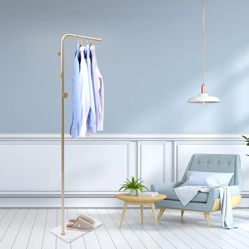 Miniatura 8 de Perchero para ropa de 67 pulgadas con base de almacenamiento y ganchos, perchero resistente para colgar ropa, bolsos, sombreros y zapatos para Dorado