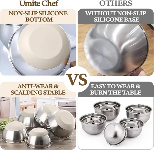 Miniatura 4 de Umite Chef, juego de 8 cuencos para mezclar con tapas herméticas, cuencos anidados de acero inoxidable color caqui con accesorios para rallar