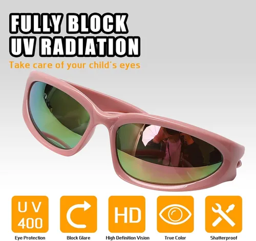 Miniatura 4 de GUVIVI Gafas de sol para niños con correa envolvente, gafas de sol futuristas para niños y niñas, persianas ovaladas de 4 a 12 años