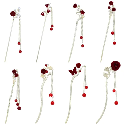Miniatura 12 de inSowni 8 Piezas Palillos de Cabello Retro Vintage Asiáticos Chinos Tradicionales Hanfu de Metal Plateado con Colgantes de Cuentas de Perlas Flor