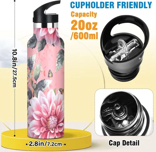 Miniatura 2 de Retro Dahlia Pink BPA-Free Leak Proof Sports Insulated Water Bottle with Leak Proof Spout Lid Double Wall Vacuum Bike Running Sports Travel Gym
