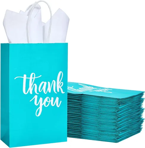 Miniatura 2 de DjinnGlory Paquete de 50 bolsas de papel pequeñas de color verde azulado con asas de 9 x 5.5 x 3.15 pulgadas y 50 bolsas de papel de seda blanco