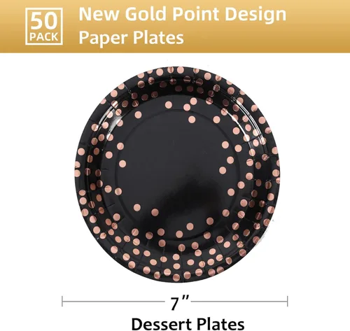 Miniatura 2 de Platos de papel para fiesta de puntos negros y oro rosa, 50 piezas desechables para fiestas, platos de papel de postre para cumpleaños, bodas