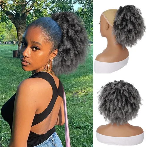 Miniatura 11 de Peluca rizada con flequillo corto afro para mujeres negras, G&T Wig, rizos esponjosos, flequillo clip-in (1B, flequillo simple)