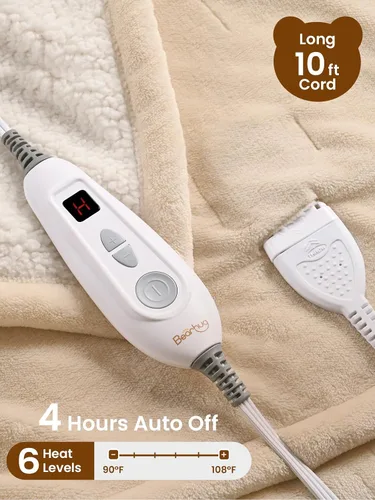 Miniatura 3 de Bearhug Manta eléctrica, 50 x 60 pulgadas, con 6 niveles de calefacción y apagado automático de 4 horas, lavable a máquina, de terciopelo suave a