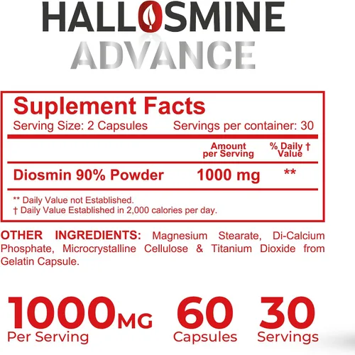 Miniatura 6 de Hallosmine Advance - Cápsulas de diosmina de 1000 mg – Suplemento de circulación de fuerza máxima y apoyo venoso, salud vascular, venas visibles