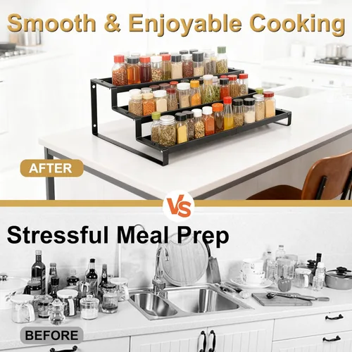 Miniatura 5 de Organizador de especias de 3 niveles para gabinete, organizador de cocina expandible de 14.4 a 26.1 pulgadas, organizador de condimentos y despensa