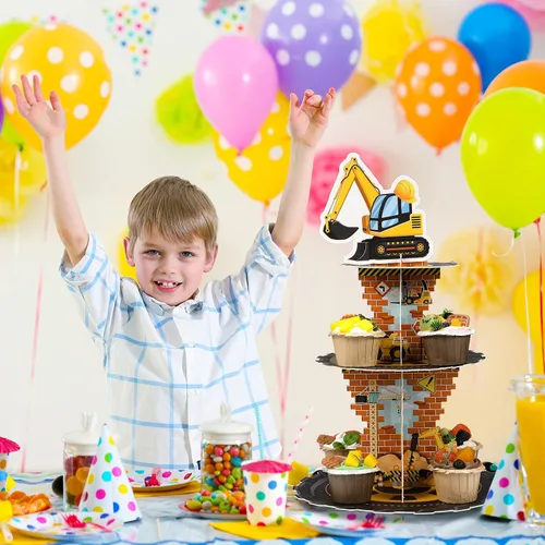 Miniatura 7 de Tiamon Decoraciones de cumpleaños de construcción de 3 niveles con tema de construcción, soporte para cupcakes, camión volquete de cartón, soporte