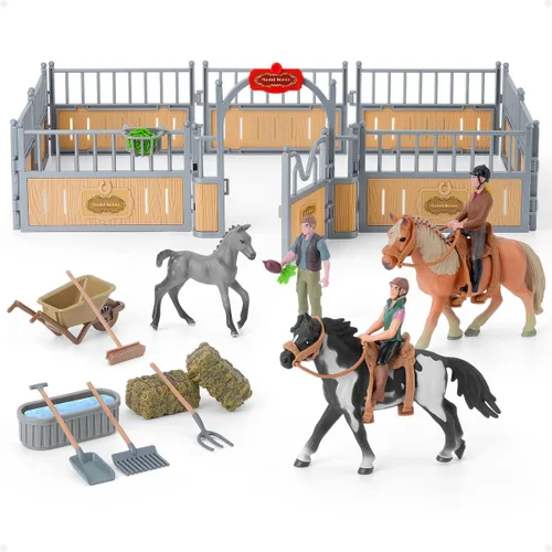 Miniatura 8 de Juego de establo de caballos, regalos de caballo para niñas y niños con 3 caballos y 2 jinetes, juego de juguetes de caballos de animales de granja