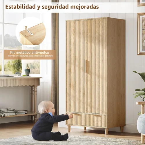 Miniatura 9 de VINGLI Armario Ropero Acanalado con Puertas y Cajones, Gabinete Armario con Barra para Colgar, Armario de Dormitorio de Madera de Roble, Armario