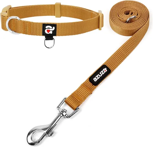 Miniatura 8 de azuza Juego de collar y correa de nailon para perro, resistente y duradero, estilo básico, correa y collar con anillo de identificación