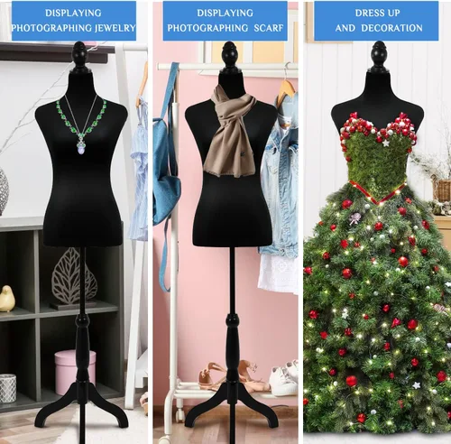 Miniatura 7 de Cuerpo de maniquí femenino con soporte de trípode de madera, 50-63 pulgadas, forma de vestido portátil y ajustable para coser, exhibición de ropa