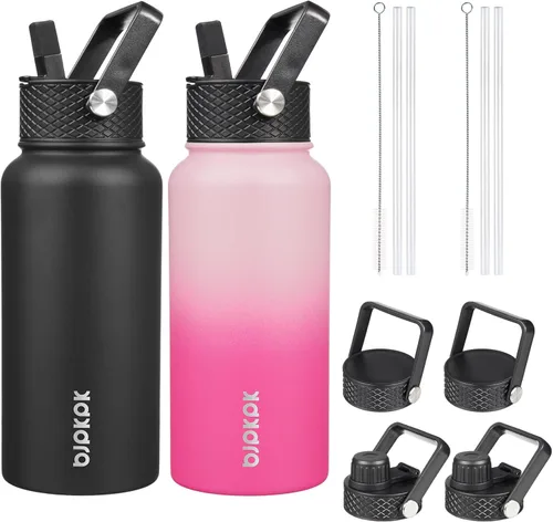 Miniatura 29 de BJPKPK Paquete de 2 botellas de agua aisladas con tapas con pajita, botella de agua de metal de acero inoxidable de 18oz con 6 tapas, jarras a