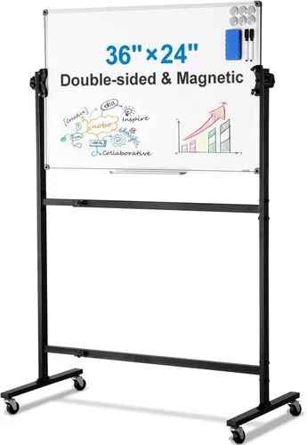 Miniatura 15 de VEVOR Pizarra blanca magnética móvil, 36 x 24 pulgadas, doble cara, pizarra de borrado en seco reversible de 360 grados, altura ajustable con marco