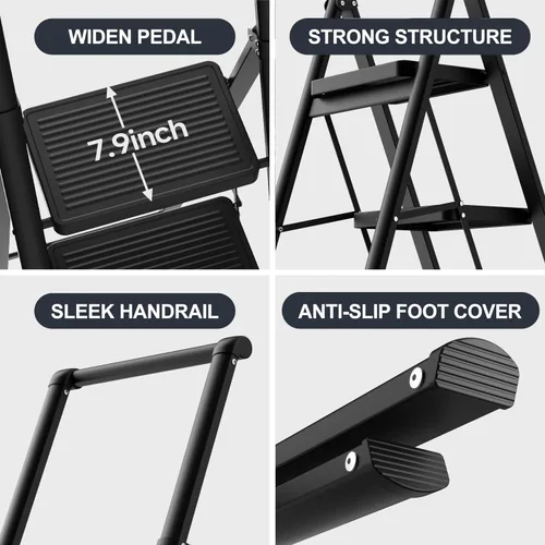 Miniatura 7 de escalera de 5 peldaños plegable con peldaños anchos antideslizantes para uso en el hogar y la cocina, ahorro de espacio (negro)