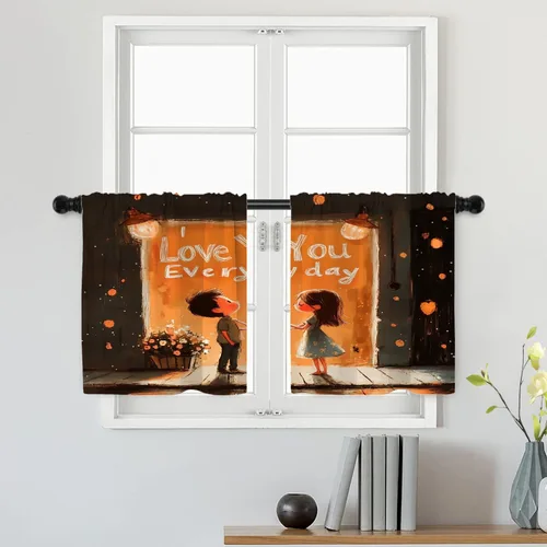 Miniatura 43 de Batmerry Silueta de hombre y niño, marco en forma de corazón con figuras, tratamiento de ventana, cortina corta de cocina multicapa de poliéster