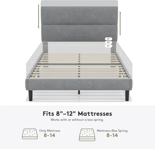 Miniatura 6 de GRUSIGN Base de cama de plataforma tamaño Queen con cabecera de terciopelo, soporte de listones de madera de altura ajustable, base de colchón Gris