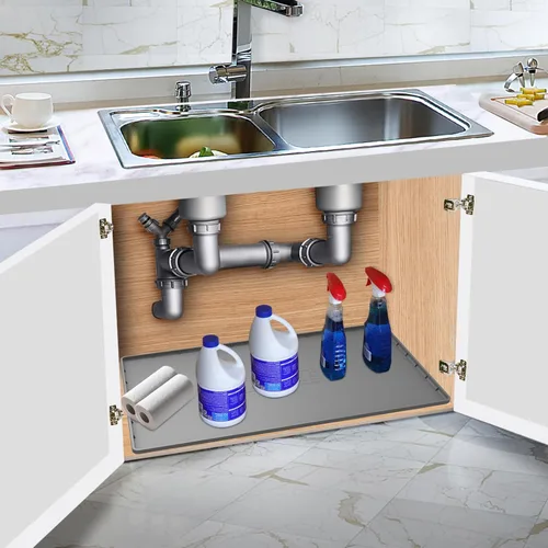 Miniatura 7 de Tapete para debajo del fregadero de cocina, impermeable, 34 x 22 pulgadas, forro de silicona para debajo del fregadero, tapete protector de gabinete