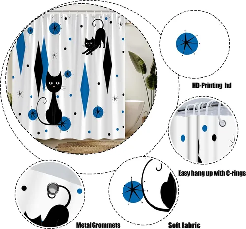 Miniatura 7 de GCTNBJL Mid Century Shower Curtain Black Cat Atomic Stars Modern Abstract Blue Black Geometric Iconic Retro 1950s 1960s Vintage 36x70(WxH) Inches