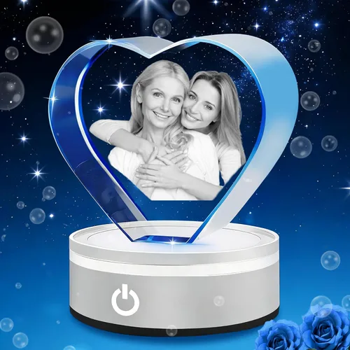Foto de cristal personalizada, grabado con láser, foto de cristal de corazón personalizada con base de luz LED, regalo para Navidad, cumpleaños,