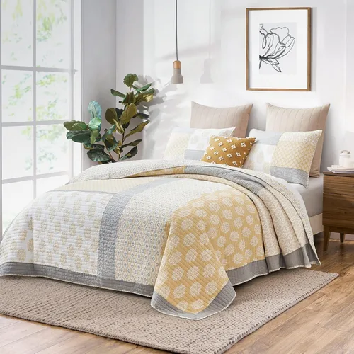Miniatura 3 de Y-PLWOMEN Edredón tamaño individual, 100% algodón, edredón de tamaño individual, amarillo y gris, juego de ropa de cama reversible ligero de retazos