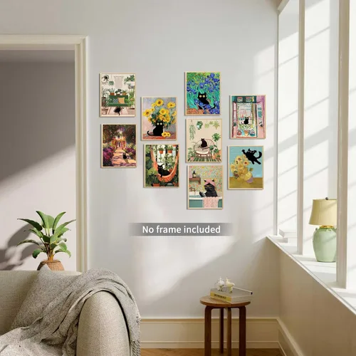 Miniatura 2 de Divertido póster de arte de pared de gato negro, juego de 9, impresiones en lienzo vintage de gato negro de Van Gogh, impresiones estéticas florales