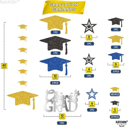 Miniatura 2 de KatchOn, Guirnalda de gorra de graduación con purpurina, 12 cuerdas, sin bricolaje, decoraciones de graduación azules y doradas 2025, decoraciones