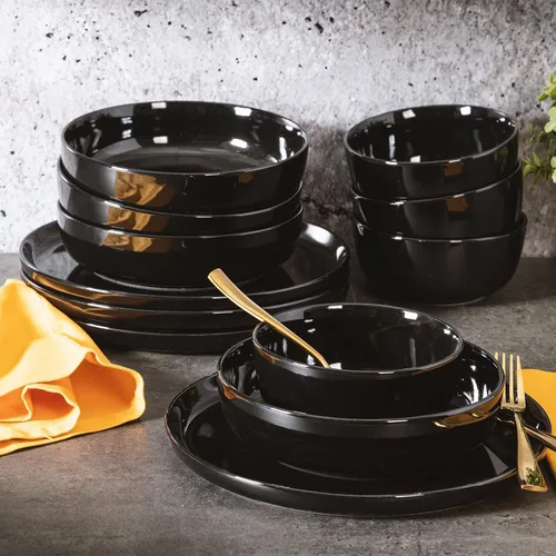 Miniatura 2 de Gibson Home Oslo - Juego de vajilla de porcelana resistente a las astillas y a los arañazos de 12 piezas, servicio para 4 – Platos y cuencos negros