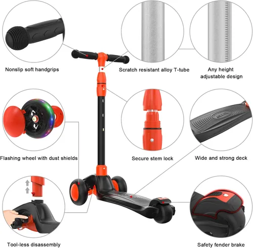 Miniatura 2 de Allek - Patinete B03, Monopatín de 3 ruedas con ruedas de PU extra anchas y luminosas, sistema Lean 'N Glide, manillar ajustable a cualquier altura