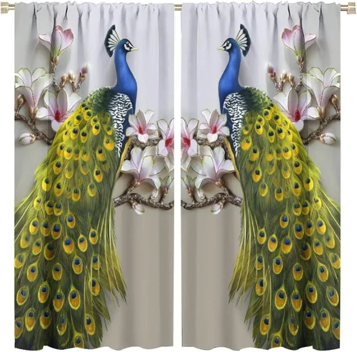 Miniatura 21 de Cortina opaca con estampado de pavo real, con estampado de animales retro, con bolsillo para cortinero y flores de peonía doradas, para dormitorio