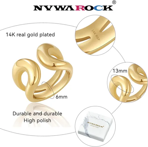 Miniatura 2 de Anillo de oro grueso chapado en oro real de 14 quilates, anillos abiertos para mujeres y hombres, doble capa, de alto pulido, apilable, grueso