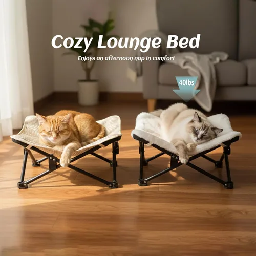 Miniatura 5 de PETKARAY Cama para Gatos Plegable y Elevada, Muebles de Salón Esponjosos para Gatito con Marco de Metal, Cama Colgante Elevada para Gatos