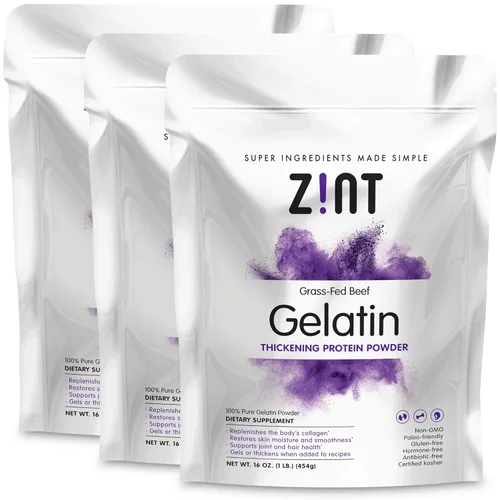 Zint Gelatina en polvo sin sabor, gelatina de carne kosher (alimentado de pastura), 1 libra, paquete de 3