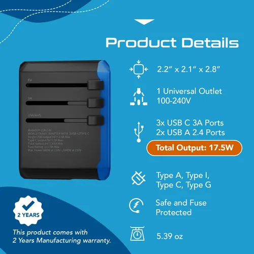 Miniatura 4 de Ceptics Adaptador de viaje universal, cargador universal 5 en 1 para laptop con 2 puertos USB-A y USB-C 3.5A para móviles, portátiles, cámaras