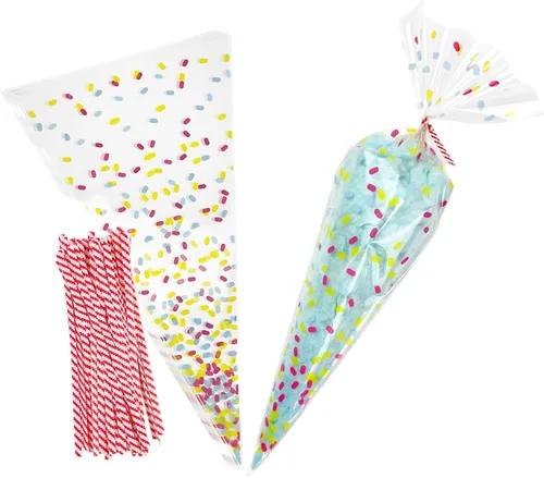 Miniatura 10 de EKAPACKAGING 50 bolsas de golosinas con forma de cono de 7 x 15 pulgadas, bolsas de palomitas de maíz de San Valentín con lazos para dulces y arroz