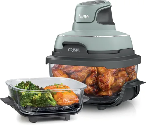 Ninja Crispi - Freidora de aire de vidrio 4 en 1 | Con recipientes y tapas de vidrio no tóxicos de 4 cuartos y 6 tazas | Apto para microondas, Salvia