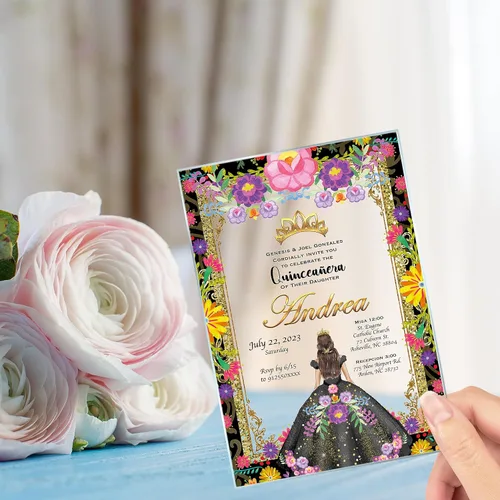 Invitación de quinceañera Vestido negro Invitación de cristal, Mis Membrillo, Dulce 15, Dulce 16, Diseño floral, XV Aros, 15 años