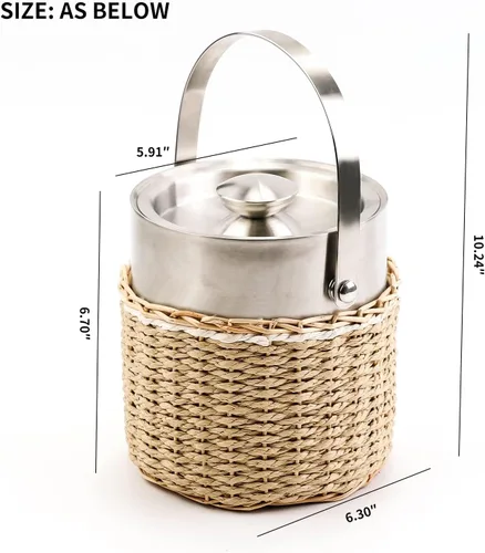 Miniatura 3 de Cubo de hielo tejido a mano de acero inoxidable de 2 litros con tapa y pinzas de hielo, cubo de enfriamiento aislado con diseño de cuerda de papel