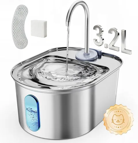 Fuente de agua para gatos de acero inoxidable, dispensador automático de agua para mascotas de 108 onzas / 3.2 L con bomba ultra silenciosa, apagado