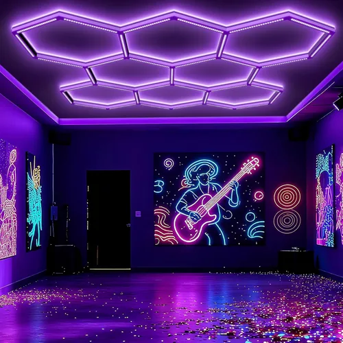 Miniatura 9 de Paquete de 24 luces negras LED hexagonales, 168W, 5 rejillas de luz negra UV con enchufe de EE. UU. para fiesta de neón, Halloween, pintura corporal