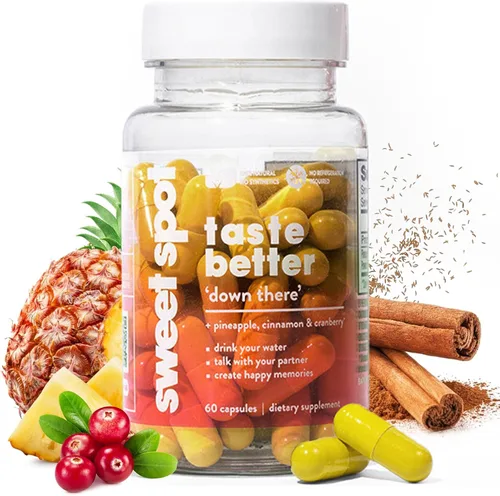 Sweet Spot - Suplemento de salud vaginal de piña y arándano, 60 cápsulas, refresca el sabor, promueve el equilibrio femenino, el equilibrio del pH