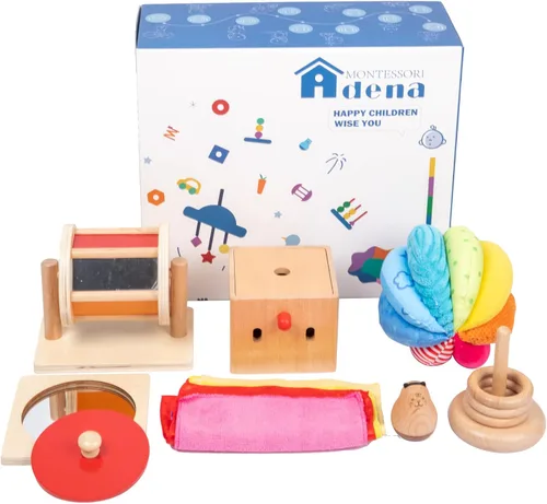 Kit de juego Adena Montessori para bebé de 5-6 meses, juguetes educativos de aprendizaje 8 en 1 para niños pequeños, incluye tambor giratorio