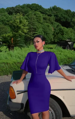 Miniatura 5 de Memoriesea - Vestido midi entallado con mangas cortas acampanadas con volantes para mujer