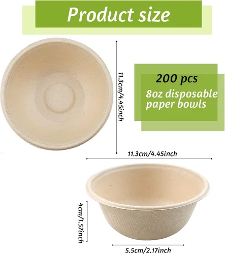 Miniatura 2 de 200 cuencos de papel biodegradables naturales de caña de azúcar de 8 onzas, cuencos de papel compostables para ensalada, sopa caliente, pasta