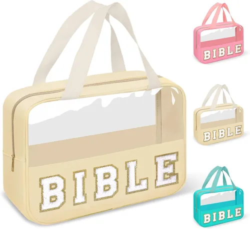 Miniatura 15 de izuzta Bolsas de maquillaje transparentes tipo tote con letras de chenilla, bolsa de maquillaje preppy con asa, Moda