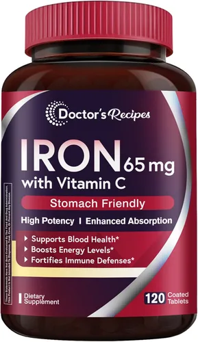 Doctor's Recipes Suplemento de hierro de 65 mg con vitamina C – Absorción maximizada y píldoras de hierro amigables con el estómago para la